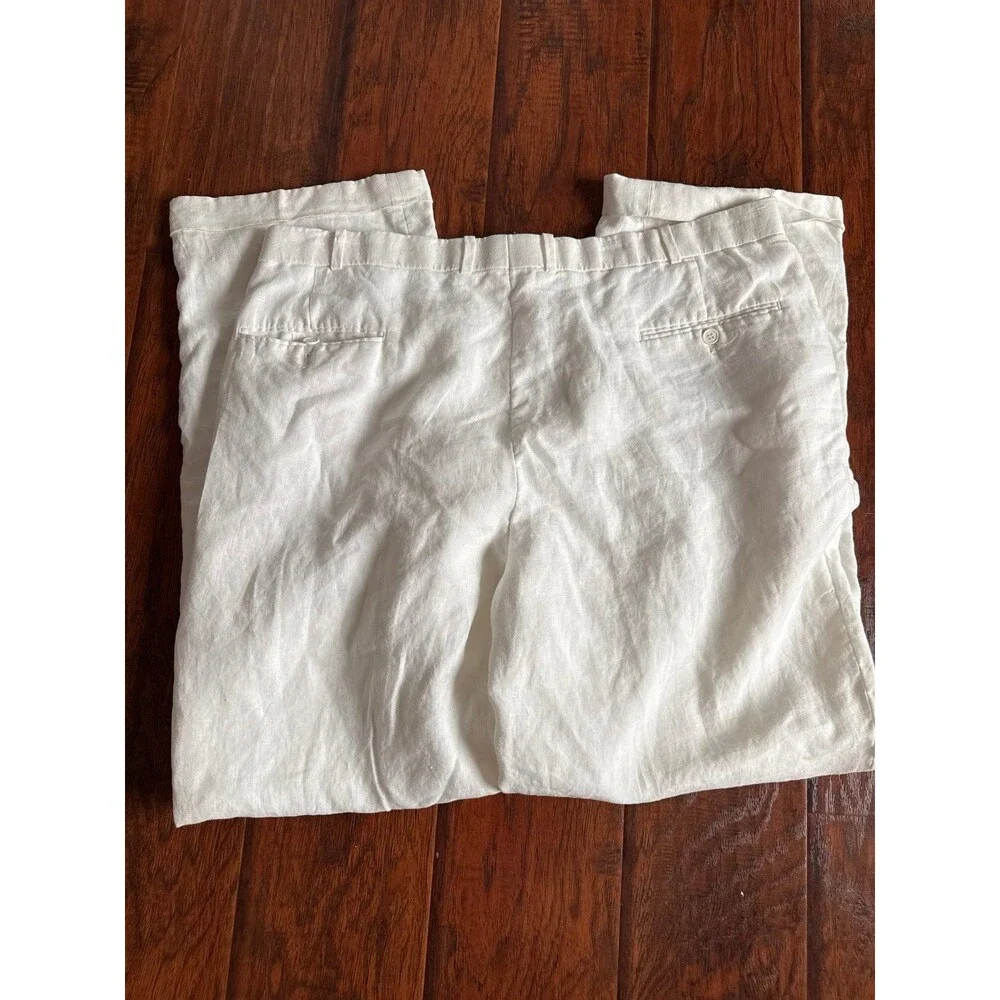 100% Linen White Flat Front Pants Size 42W Lined Wide Leg Summer Resort